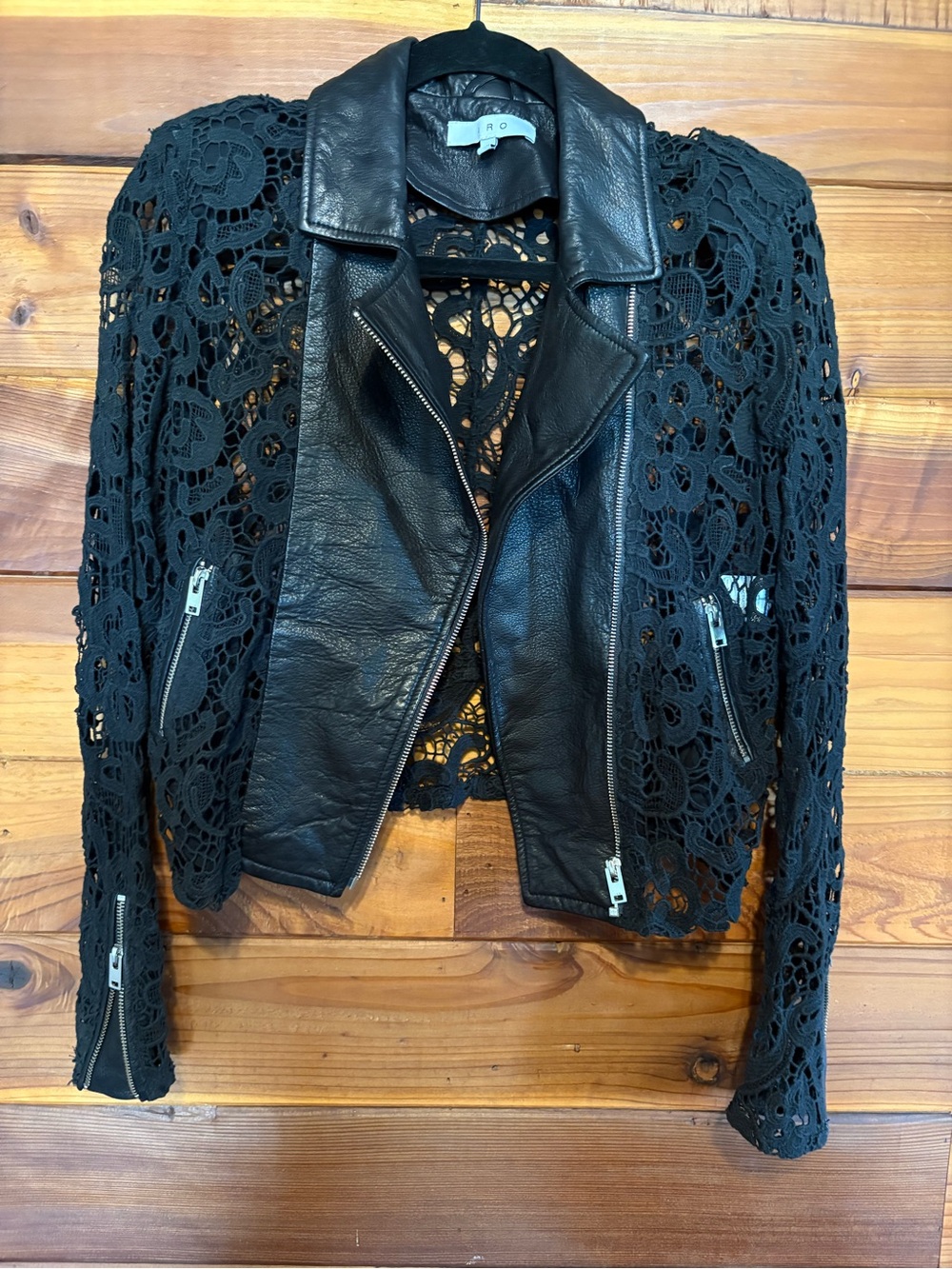 Black Crocheted Lace & Lamb Leather Moto Jacket by IRO